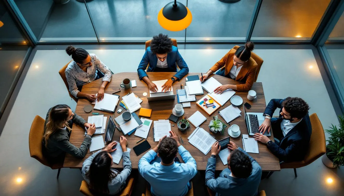 A diverse team of business professionals is collaborating around a conference table, engaged in discussions while using laptops and reviewing documents. This scene highlights the importance of business analysis and teamwork in developing effective business strategies and optimizing business processes.