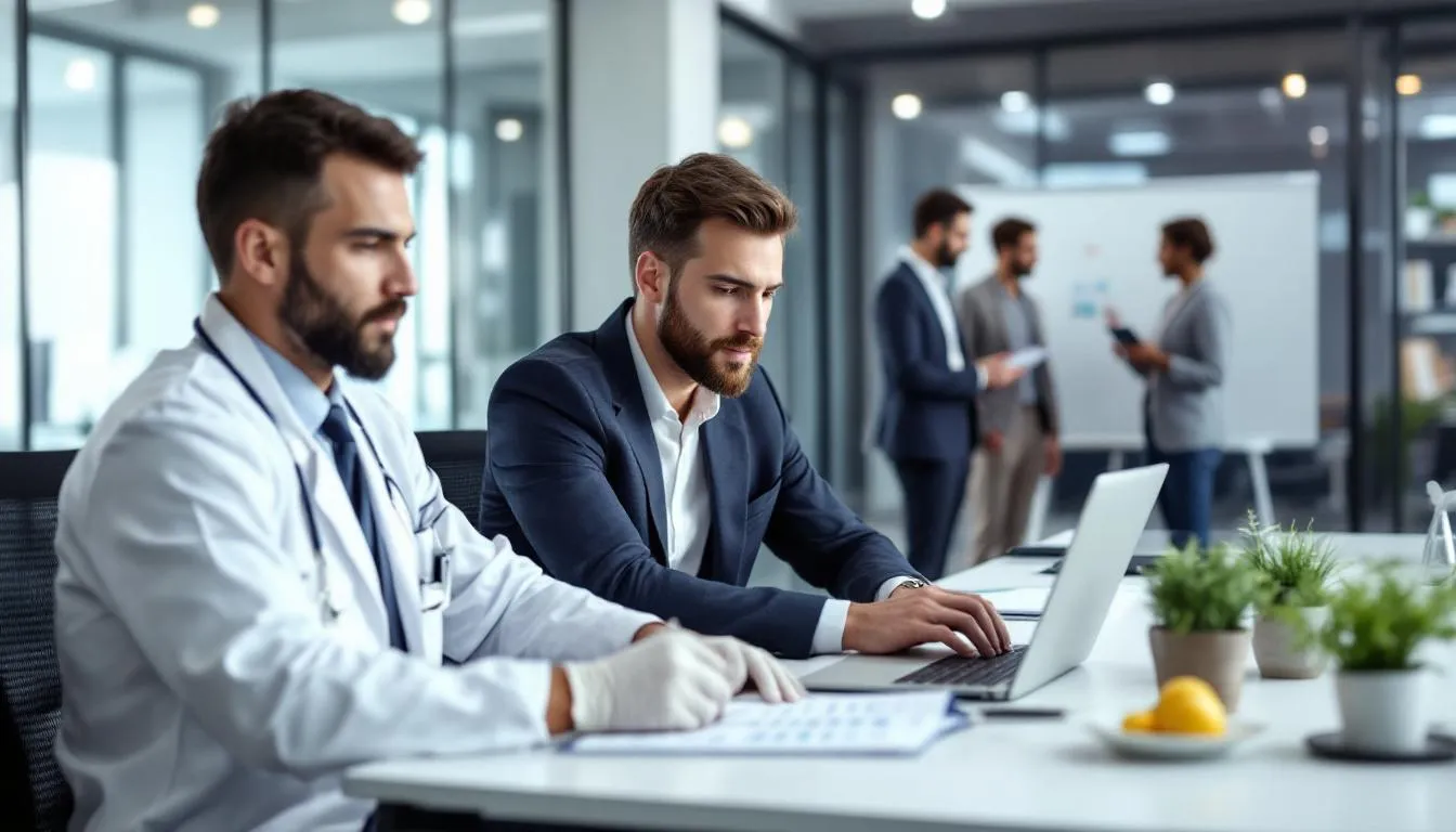 In the image, a diverse group of business professionals is collaborating in various industry settings, including healthcare, finance, and technology. They are engaged in discussions about business processes, analyzing data, and developing business strategies to enhance operational efficiency and drive informed decisions.